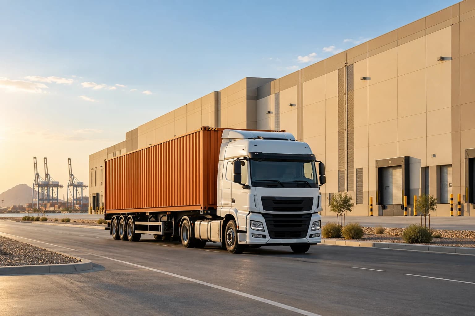 Truck carrying a container beside a logistics warehouse